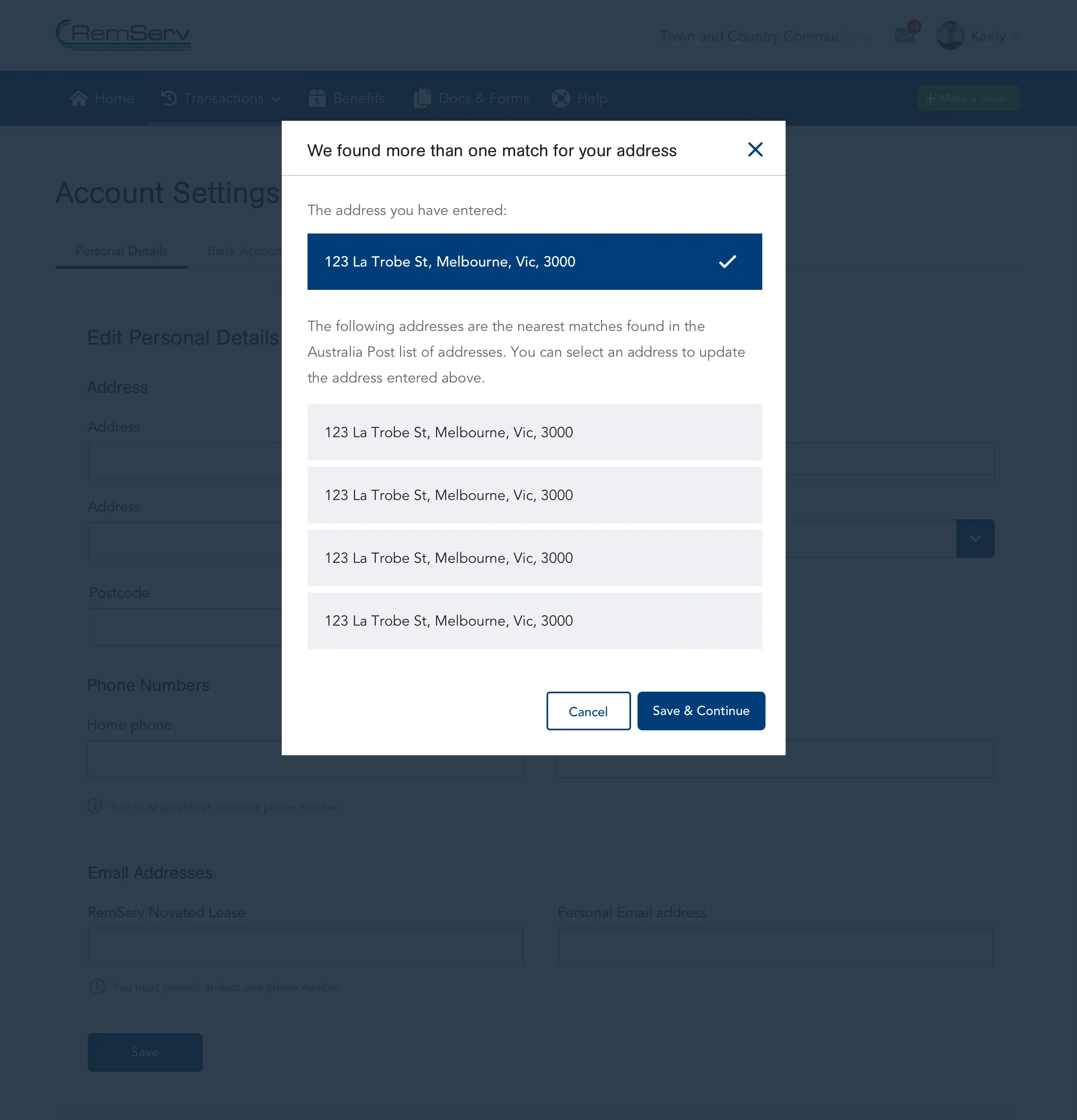 Account Screen Address