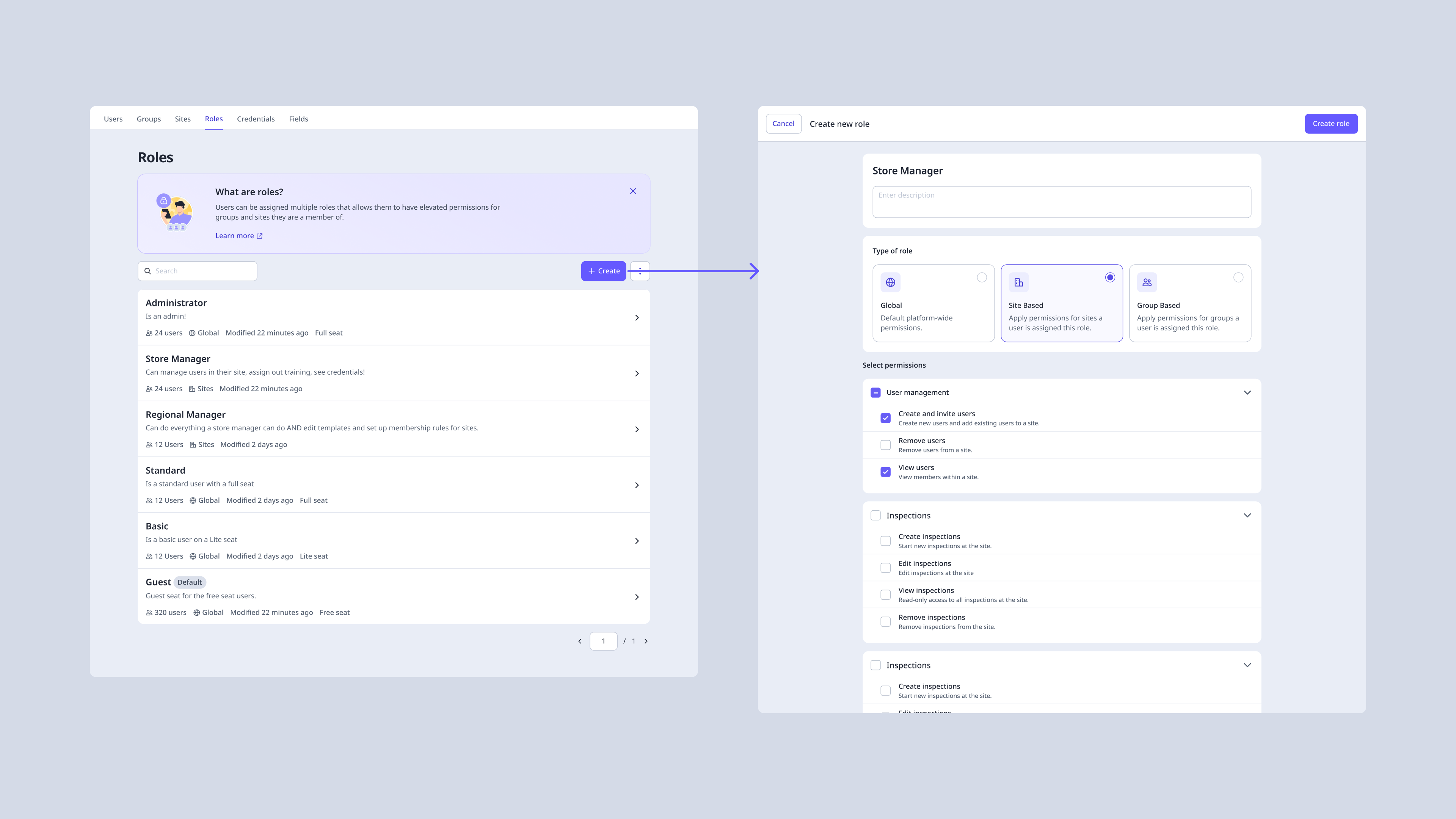 Roles management interface